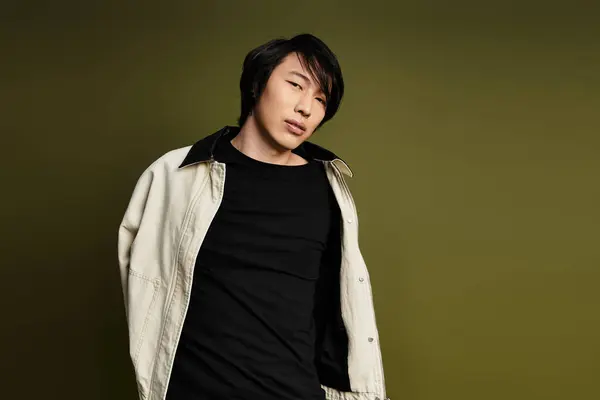 A young man showcases his fashion sense with a stylish pose in a contemporary studio environment. — Stock Photo