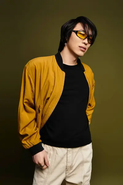 A young Asian man confidently poses in a trendy outfit, reflecting contemporary style — Stock Photo