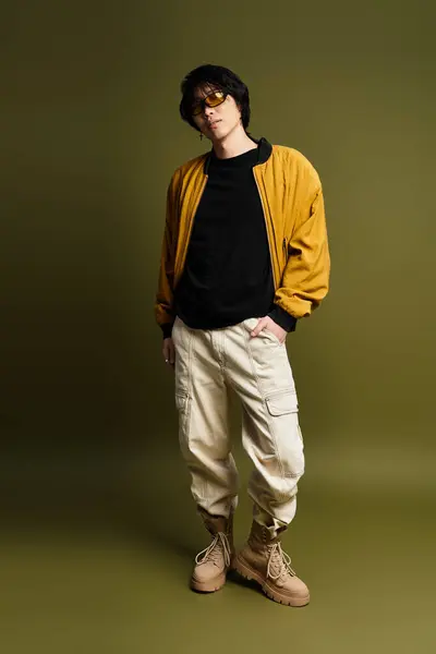 A young Asian man stands poised in a fashionable outfit, showcasing modern style. — Stock Photo