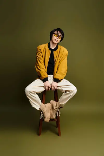 Un giovane uomo asiatico trasuda fiducia mentre posa in uno studio elegante con uno sfondo vibrante. — Foto stock
