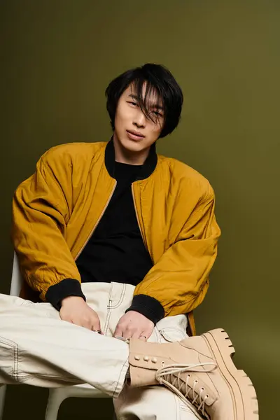A young Asian man dressed in a stylish outfit sits relaxed in a studio, exuding charm and poise. — Stock Photo