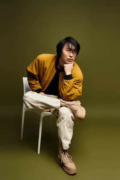 A young Asian man showcases his fashion sense in a stylish studio setting. — Stock Photo