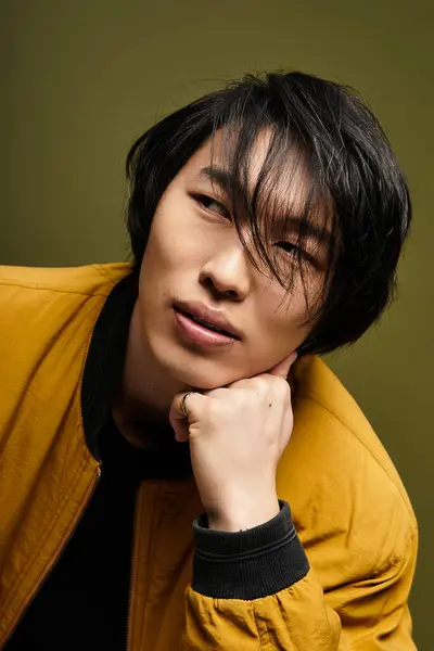 Ein gutaussehender junger Mann zeigt seinen Sinn für Mode in einem Atelier mit kreativer Beleuchtung. — Stockfoto