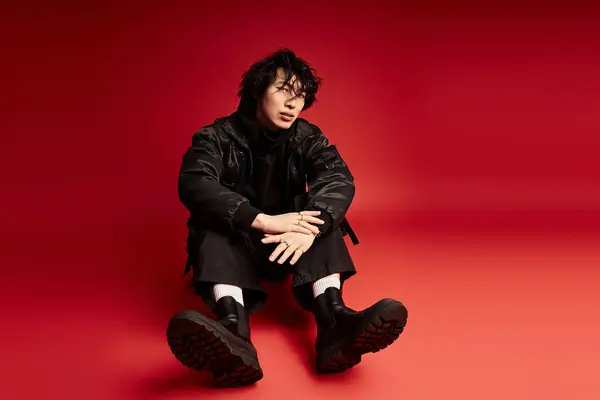 A fashionable asian man is posing in the red studio. — Stock Photo
