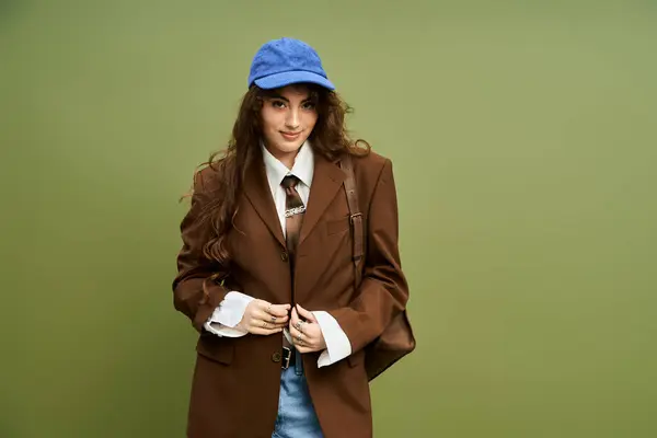 Una joven mujer muestra con confianza su atuendo de moda en un entorno único. - foto de stock