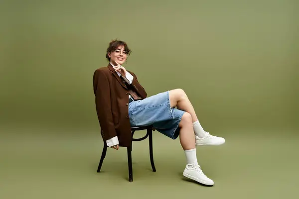 A young woman displays her stylish outfit while relaxing in a serene setting. — Stock Photo