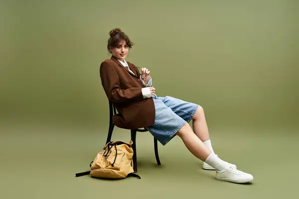 A young woman exudes elegance in a trendy outfit while seated on a chair, showcasing her style. — Stock Photo