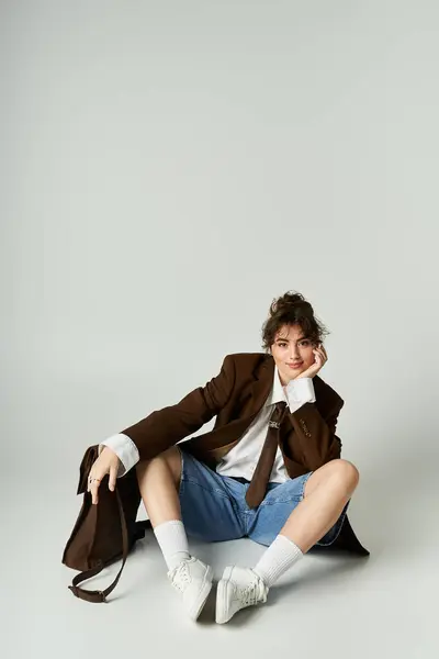 Stylish young woman in chic attire poses playfully with confidence in a minimalist setting — Stock Photo