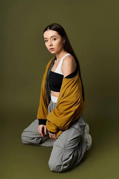 Confident young woman kneels gracefully in trendy attire, expressing modern fashion aesthetics. — Stock Photo