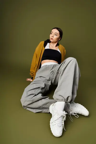 A young woman in trendy attire poses confidently against a rich backdrop. — Stock Photo