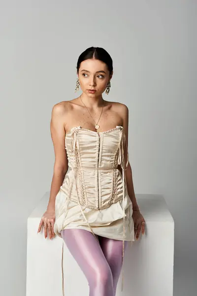 Una mujer joven muestra su moda elegante, cautivando la atención mientras se sienta con gracia. - foto de stock