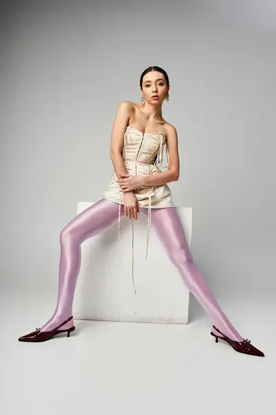 Confident young woman showcases her fashion forward style in a studio setting, exuding elegance. — Stock Photo