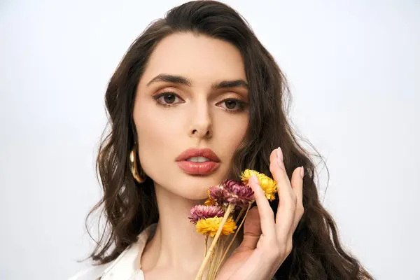 Une belle jeune femme aux cheveux bruns jouit de fleurs colorées au printemps bonheur. — Photo de stock