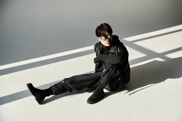A handsome young Asian man showcases his unique fashion sense while sitting in a trendy interior. — Stock Photo