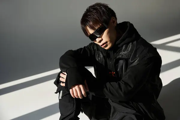 Handsome young man dressed in stylish black attire strikes a confident pose against light accents. — Stock Photo