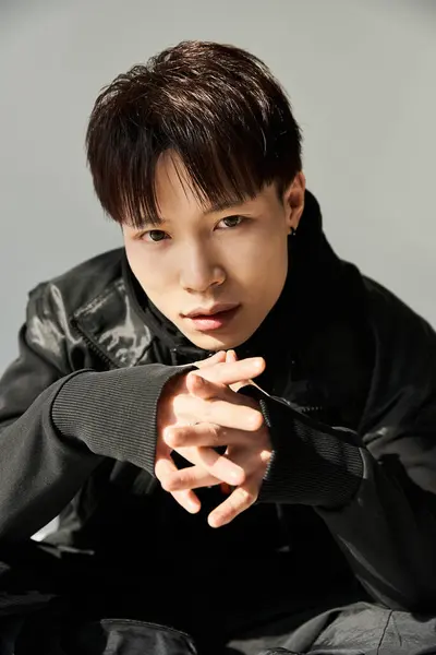 Élégant jeune homme asiatique est assis avec confiance, mettant en valeur un look moderne avec une expression captivante — Photo de stock