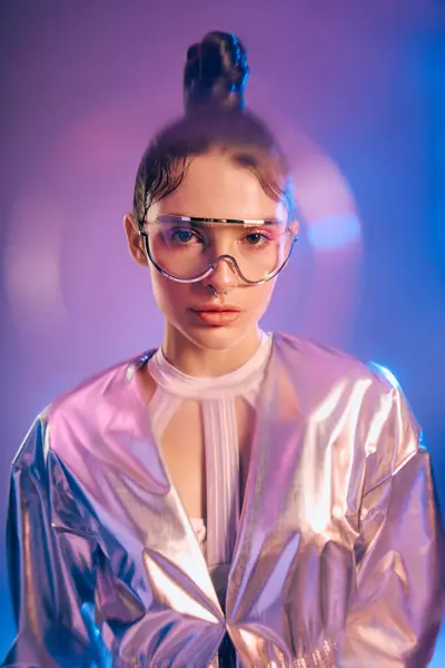 A young woman showcases her experimental holographic style in a modern setting. — Stock Photo