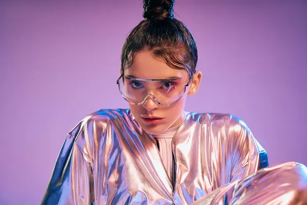 A young woman embodies modern style in holographic fashion, exuding confidence and creativity. — Stock Photo