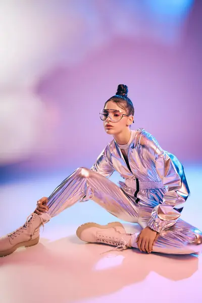 A young woman in a trendy studio sports a shiny holographic outfit, showcasing modern style. — Stock Photo
