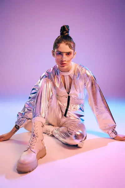 A young woman displays futuristic attire in vibrant holographic colors, embodying modern fashion. — Stock Photo