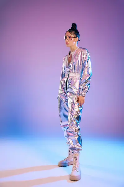 A stylish woman exudes confidence in her holographic outfit under vibrant lights. — Stock Photo