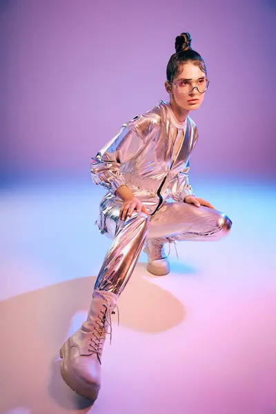 A stylish woman showcases holographic attire, striking a pose in a vibrant, futuristic atmosphere. — Stock Photo