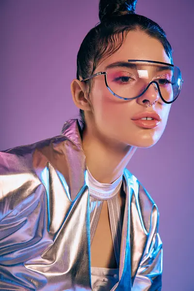 A young woman showcases vibrant holographic attire and bold accessories, embodying modern style. — Stock Photo