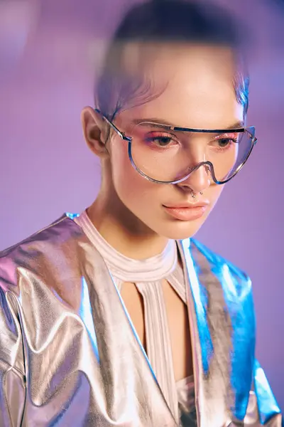 Young woman showcases holographic fashion in a captivating environment filled with vibrant colors. — Stock Photo