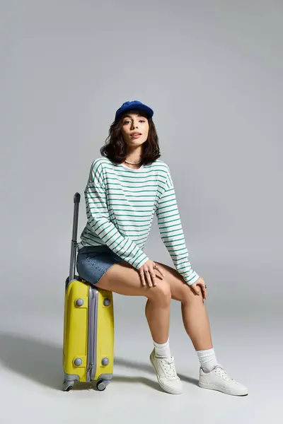 Charming woman showcases her trendy summer attire while preparing for a fun travel adventure. — Stock Photo