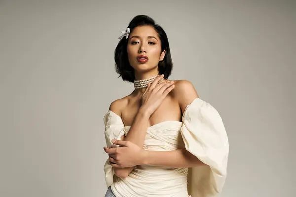 A young bride glows with joy in a stunning gown as she prepares for her wedding. — Stock Photo