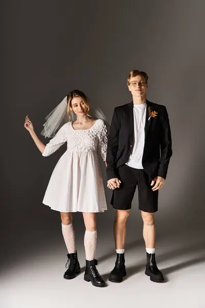 A joyful young couple celebrates their unique and fun spring wedding style together. — Stock Photo