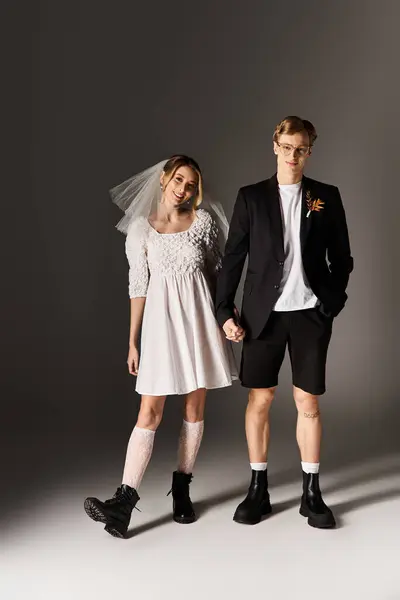 A young couple stands together, showcasing a blend of traditional and contemporary wedding styles. — Stock Photo