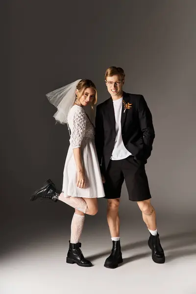 Una alegre pareja joven muestra su moda de boda única en un entorno de primavera, irradiando amor. - foto de stock
