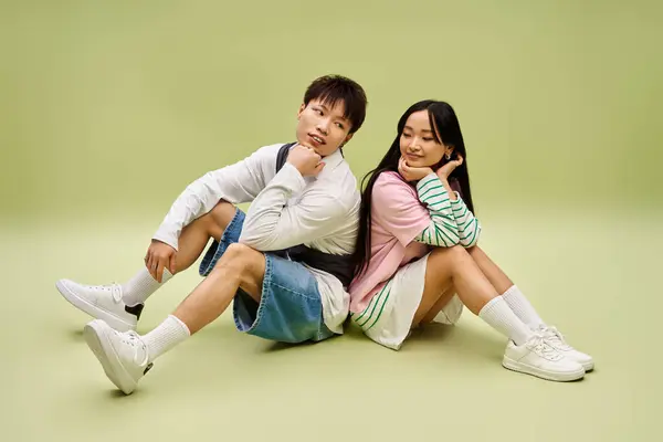 A joyful couple sits back to back on a vibrant green surface, sharing smiles and stylish vibes. — Stock Photo