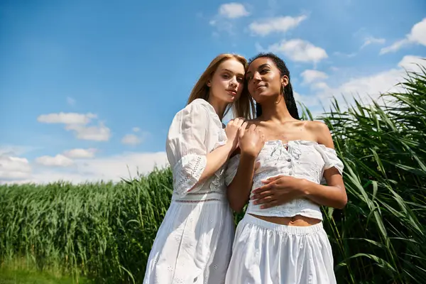 Two young women embrace in the warmth of the sun, sharing a moment of love and joy in nature. — Stock Photo