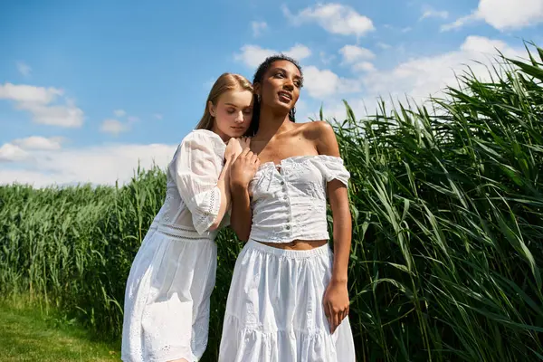 Two women share a tender moment under a bright blue sky surrounded by vibrant green grass. — Stock Photo