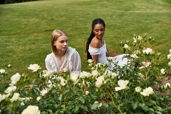 Two beautiful young women share a tender moment in a vibrant rose garden on a sunny day. — Stock Photo