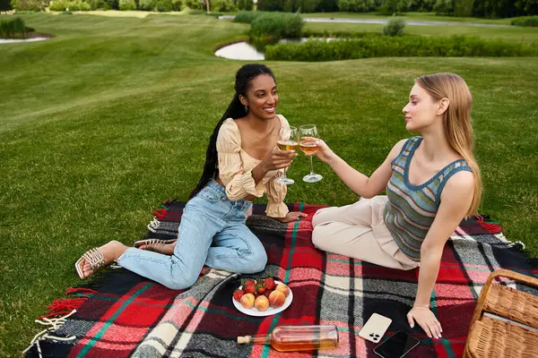 Two young women share laughter and toast each other with glasses as they enjoy a sunny picnic. — Stock Photo