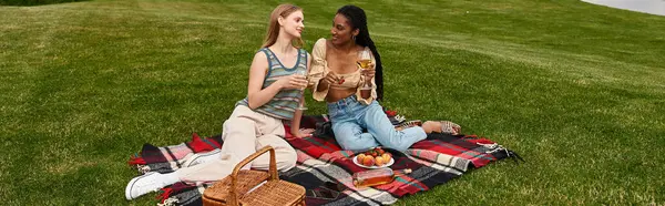 Two young women share laughter and drinks during a cozy picnic on a grassy knoll in the park. — Stock Photo