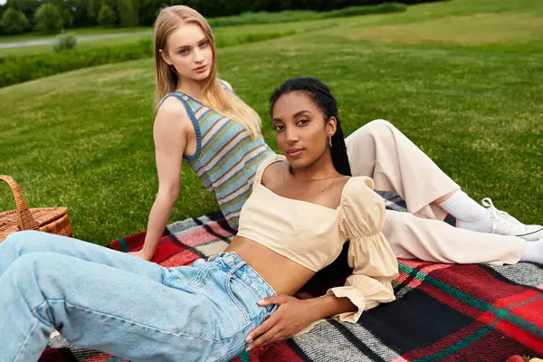Two beautiful women relax on a colorful blanket, sharing moments of joy and love in nature. — Stock Photo