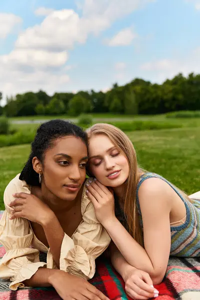 Two beautiful women embrace affectionately while relaxing on a blanket in a lush green park. — Stock Photo