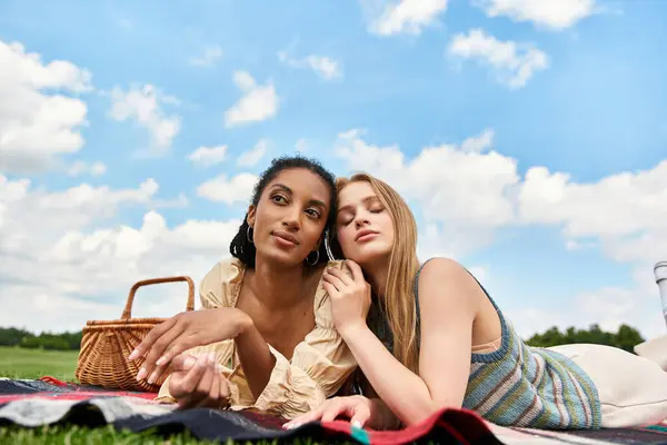 Loving couple relaxes on a blanket, sharing tender moments under a bright blue sky. — Stock Photo