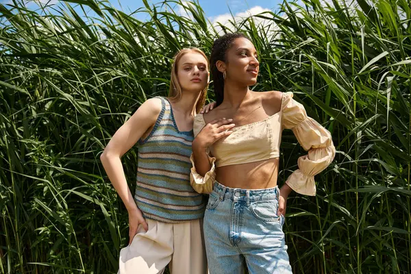 Two young women embrace in tall greenery, highlighting their affection and style in sunlight. — Stock Photo