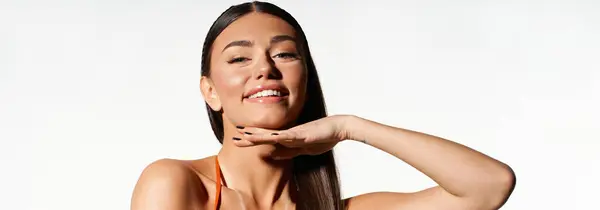 Pretty young woman showcases a sun tan with confidence, embodying summer joy and relaxation, banner — Stock Photo