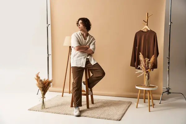 Un giovane alla moda presenta un look estivo alla moda in un ambiente monolocale contemporaneo. — Foto stock