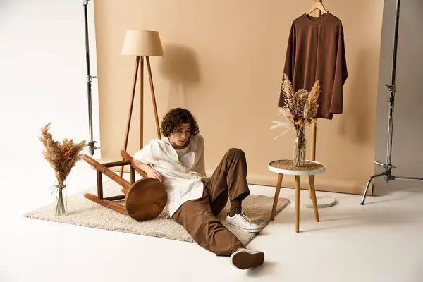 A young man with curly hair models a trendy summer outfit in a minimalistic studio environment. — Stock Photo