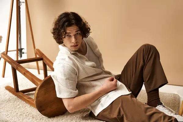 A young man with curly hair relaxes in a studio, showing off his summer outfit. — Stock Photo