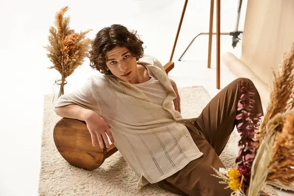 Un joven de moda descansa en un atuendo casual y elegante en un estudio soleado lleno de decoración. - foto de stock