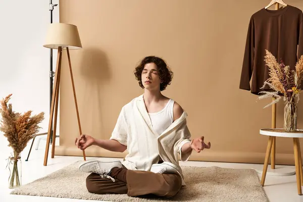 A fashionable young man with curly hair enjoys a moment of tranquility in a chic studio vibe. — Stock Photo