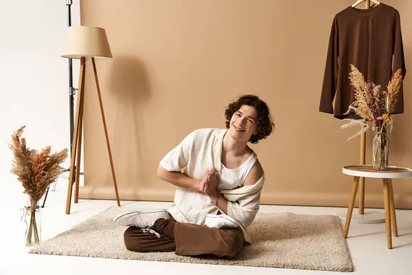 A young man with curly hair showcases a stylish summer outfit while seated comfortably indoors. — Stock Photo